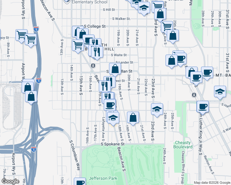 map of restaurants, bars, coffee shops, grocery stores, and more near 1815 South Stevens Street in Seattle