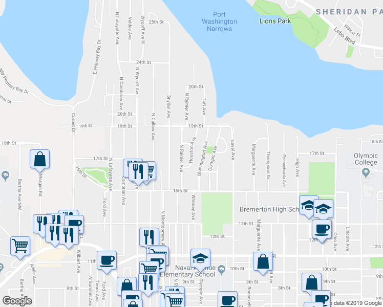 map of restaurants, bars, coffee shops, grocery stores, and more near 1706 Houston Avenue in Bremerton