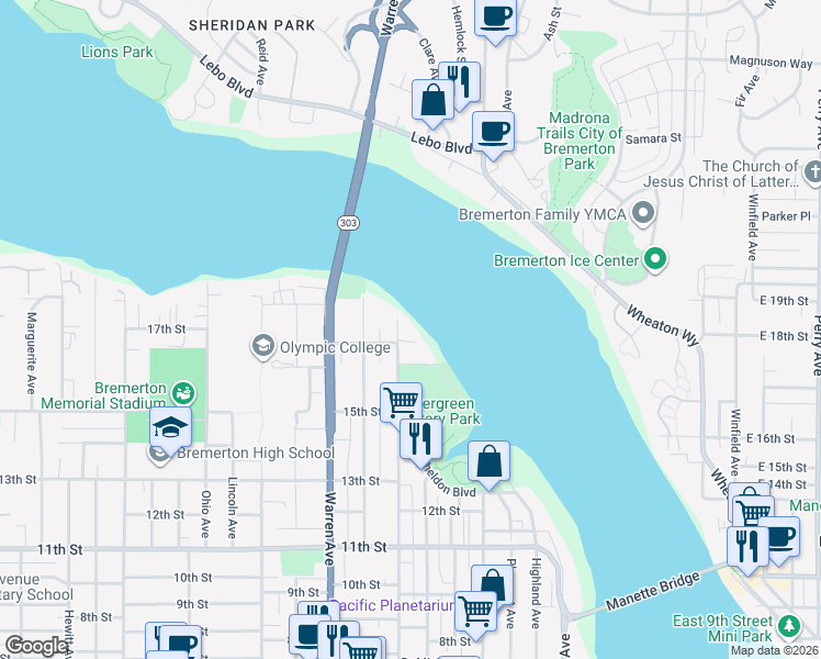 map of restaurants, bars, coffee shops, grocery stores, and more near 1708 Park Avenue in Bremerton