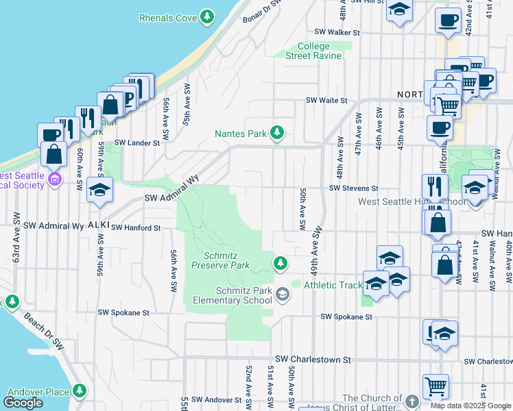map of restaurants, bars, coffee shops, grocery stores, and more near 3025 52nd Avenue Southwest in Seattle