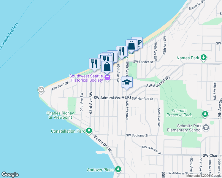 map of restaurants, bars, coffee shops, grocery stores, and more near 3028 61st Avenue Southwest in Seattle