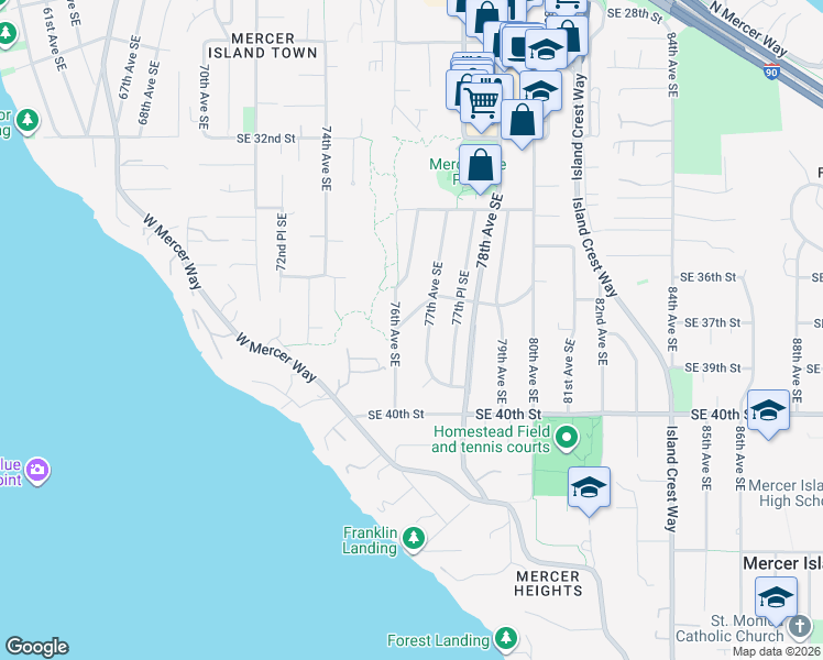 map of restaurants, bars, coffee shops, grocery stores, and more near 7627 Southeast 37th Place in Mercer Island