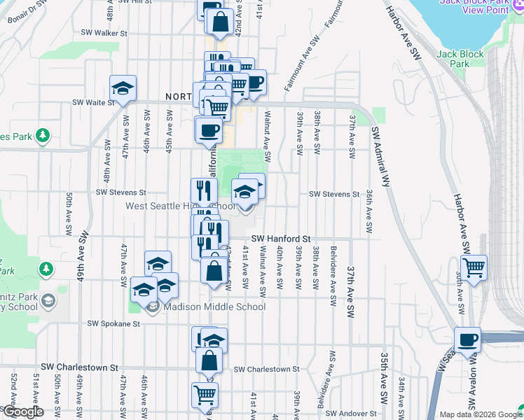 map of restaurants, bars, coffee shops, grocery stores, and more near 2934 Walnut Avenue Southwest in Seattle