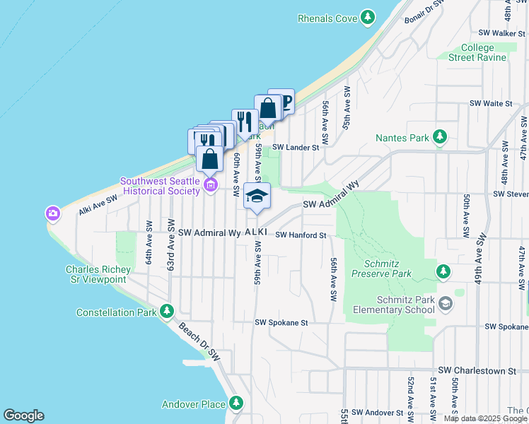 map of restaurants, bars, coffee shops, grocery stores, and more near 3024 59th Avenue Southwest in Seattle