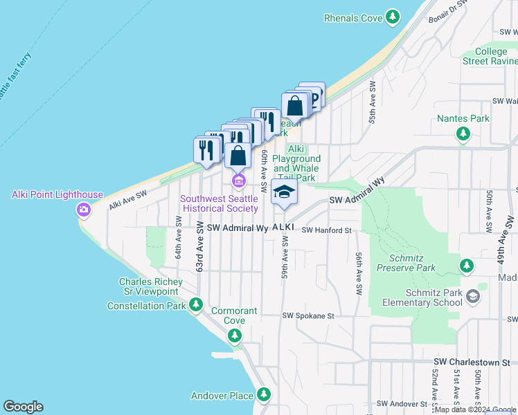 map of restaurants, bars, coffee shops, grocery stores, and more near 3016 60th Avenue Southwest in Seattle
