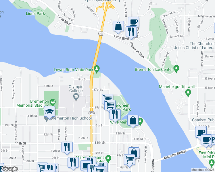 map of restaurants, bars, coffee shops, grocery stores, and more near 1735 Park Avenue in Bremerton