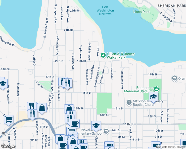 map of restaurants, bars, coffee shops, grocery stores, and more near 1703 Bloomington Avenue in Bremerton