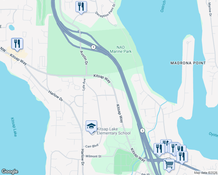 map of restaurants, bars, coffee shops, grocery stores, and more near 5691 Kitsap Way in Bremerton