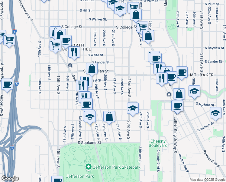 map of restaurants, bars, coffee shops, grocery stores, and more near 2021 South Stevens Street in Seattle