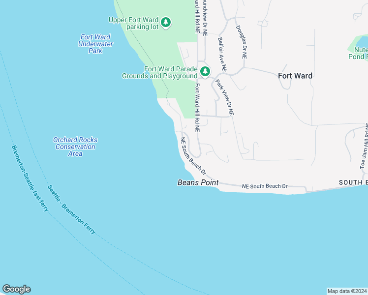 map of restaurants, bars, coffee shops, grocery stores, and more near 9509 Northeast South Beach Drive in Bainbridge Island