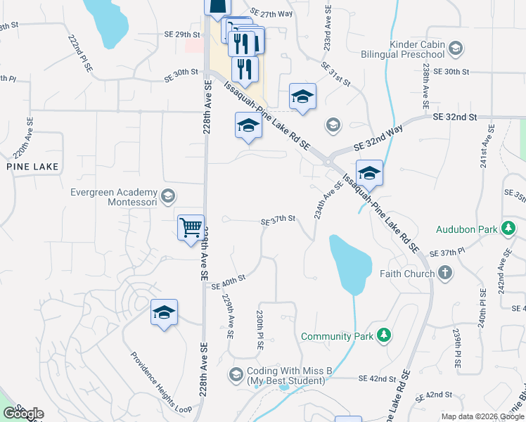 map of restaurants, bars, coffee shops, grocery stores, and more near 22934 Southeast 37th Street in Sammamish