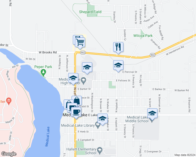map of restaurants, bars, coffee shops, grocery stores, and more near 505 North Brower Street in Medical Lake