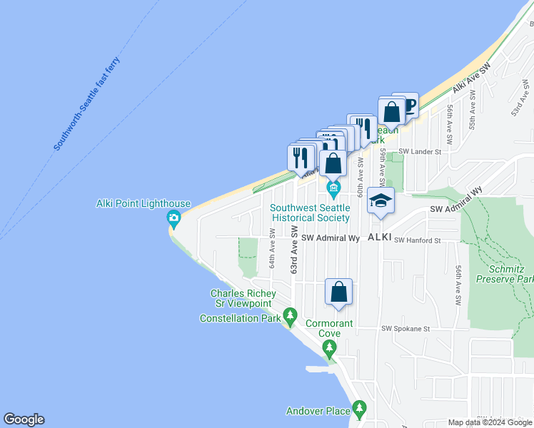 map of restaurants, bars, coffee shops, grocery stores, and more near 3035 64th Avenue Southwest in Seattle