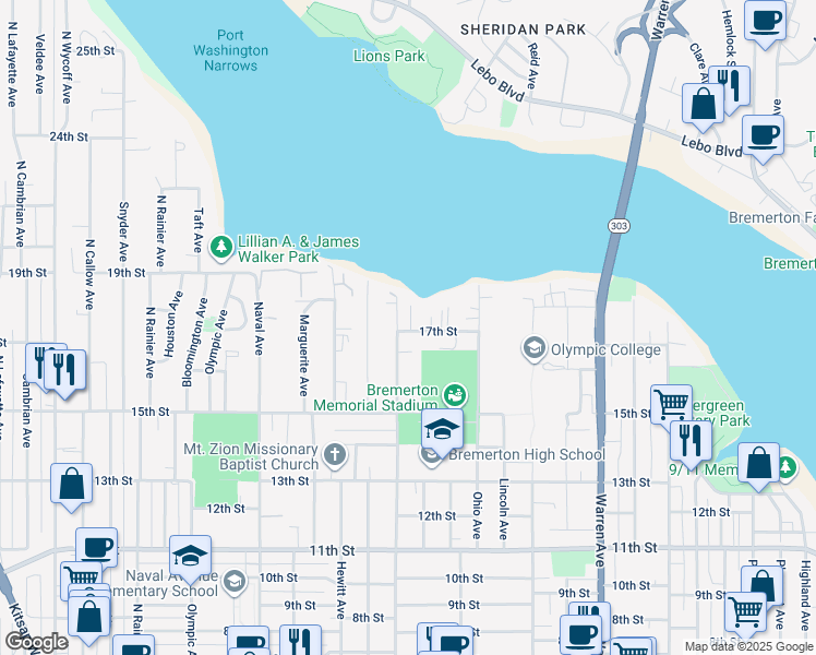 map of restaurants, bars, coffee shops, grocery stores, and more near 1450 17th Street in Bremerton
