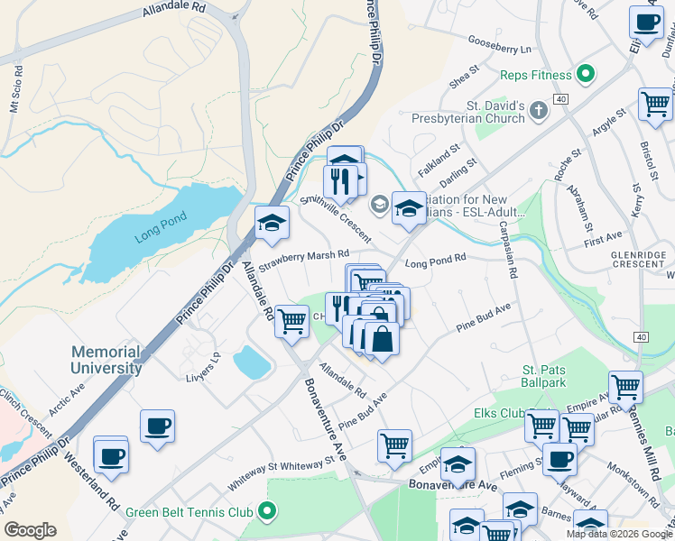 map of restaurants, bars, coffee shops, grocery stores, and more near 8 Cork Place in St. John's