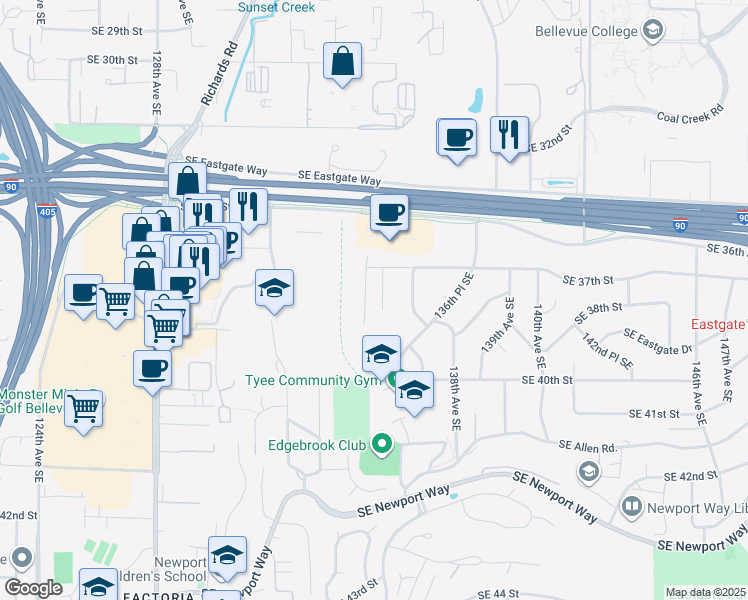 map of restaurants, bars, coffee shops, grocery stores, and more near 3733 135th Ave SE in Bellevue