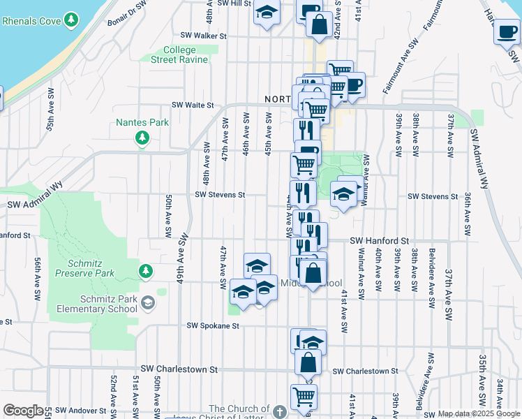 map of restaurants, bars, coffee shops, grocery stores, and more near 3017 45th Avenue Southwest in Seattle