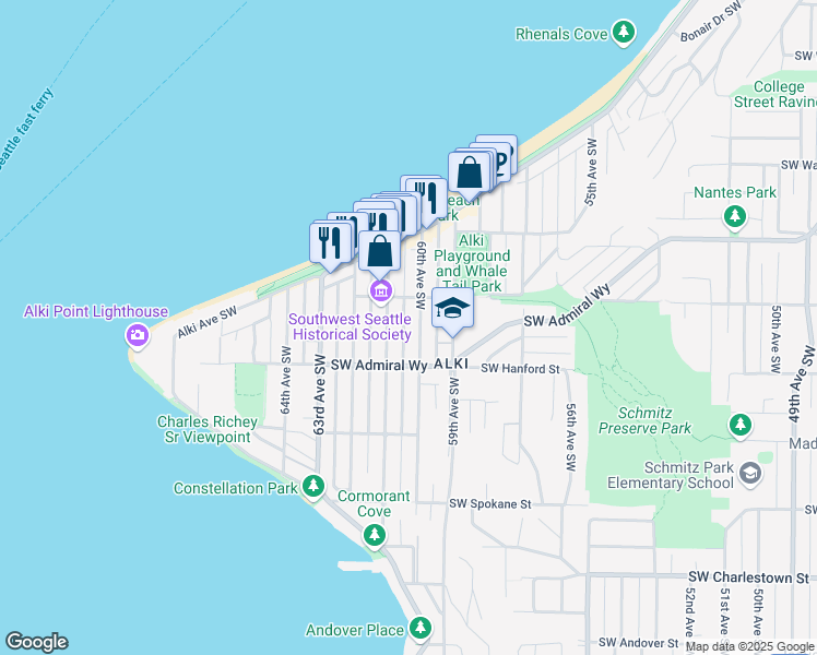 map of restaurants, bars, coffee shops, grocery stores, and more near 3025 60th Avenue Southwest in Seattle