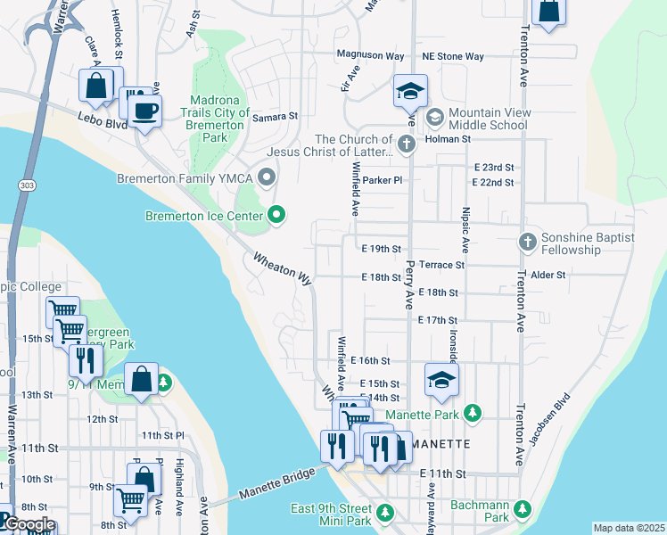 map of restaurants, bars, coffee shops, grocery stores, and more near 1803 Winfield Avenue in Bremerton