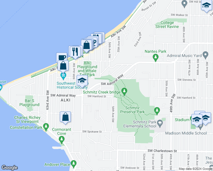 map of restaurants, bars, coffee shops, grocery stores, and more near 5625 Southwest Admiral Way in Seattle