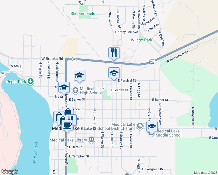 map of restaurants, bars, coffee shops, grocery stores, and more near 521 E Fellows St in Medical Lake