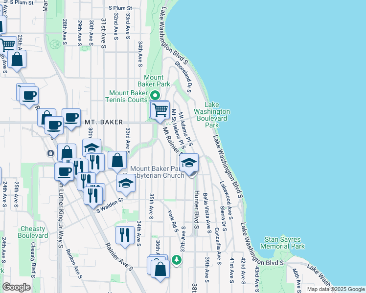 map of restaurants, bars, coffee shops, grocery stores, and more near 3001 Mount Saint Helens Place South in Seattle