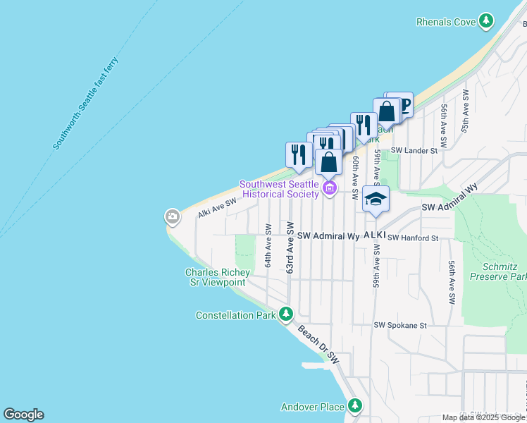 map of restaurants, bars, coffee shops, grocery stores, and more near 3035 64th Avenue Southwest in Seattle