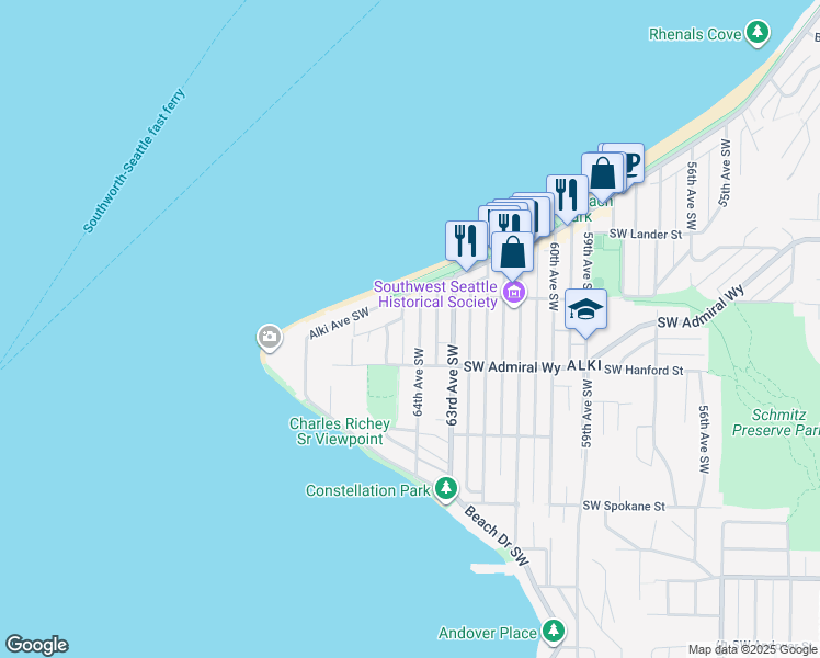 map of restaurants, bars, coffee shops, grocery stores, and more near 3035 64th Avenue Southwest in Seattle