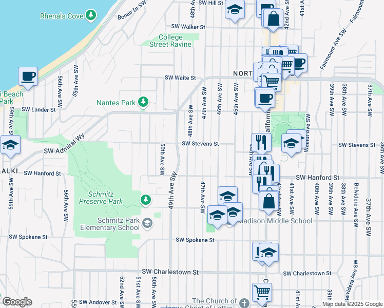 map of restaurants, bars, coffee shops, grocery stores, and more near 3015 47th Avenue Southwest in Seattle