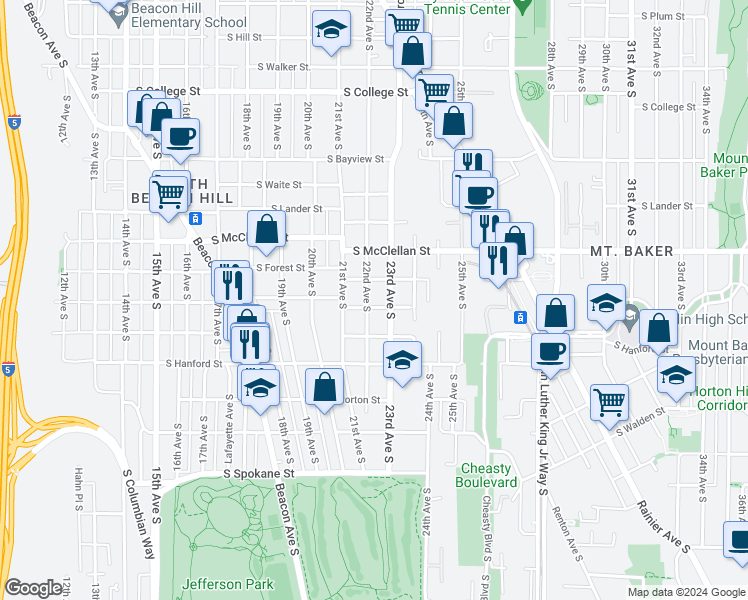 map of restaurants, bars, coffee shops, grocery stores, and more near 2918 22nd Avenue South in Seattle