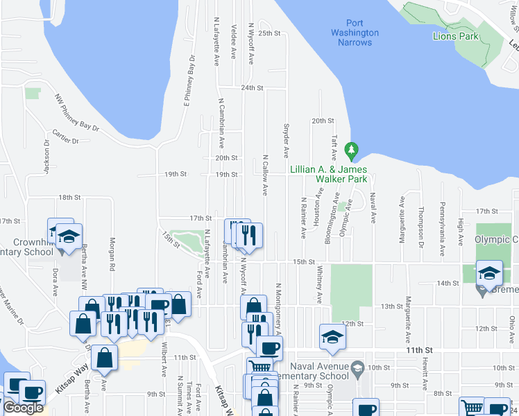 map of restaurants, bars, coffee shops, grocery stores, and more near 1715 North Callow Avenue in Bremerton