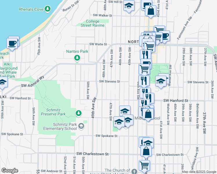 map of restaurants, bars, coffee shops, grocery stores, and more near 3015 47th Ave SW in Seattle