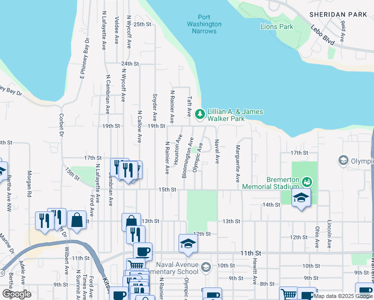 map of restaurants, bars, coffee shops, grocery stores, and more near 1703 Bloomington Avenue in Bremerton