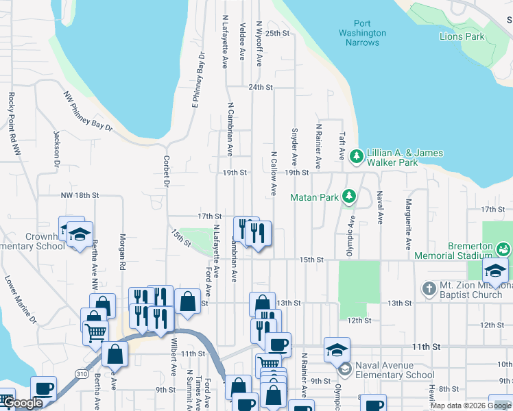 map of restaurants, bars, coffee shops, grocery stores, and more near 1714 North Wycoff Avenue in Bremerton