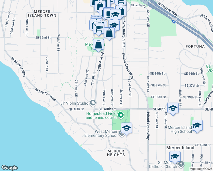 map of restaurants, bars, coffee shops, grocery stores, and more near 3712 79th Avenue Southeast in Mercer Island