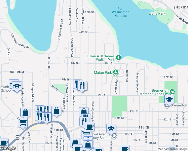 map of restaurants, bars, coffee shops, grocery stores, and more near 1715 Snyder Avenue in Bremerton