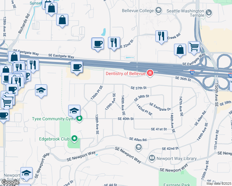 map of restaurants, bars, coffee shops, grocery stores, and more near 3728 139th Avenue Southeast in Bellevue