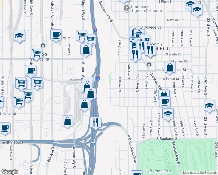 map of restaurants, bars, coffee shops, grocery stores, and more near 2921 12th Avenue South in Seattle