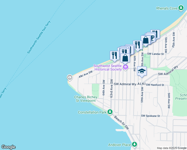 map of restaurants, bars, coffee shops, grocery stores, and more near 6504 Southwest Stevens Street in Seattle