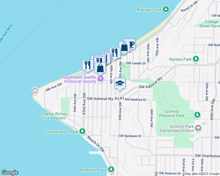 map of restaurants, bars, coffee shops, grocery stores, and more near 3016 60th Avenue Southwest in Seattle
