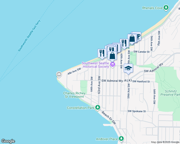 map of restaurants, bars, coffee shops, grocery stores, and more near 3035 64th Avenue Southwest in Seattle