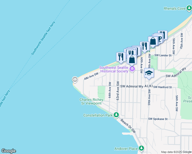 map of restaurants, bars, coffee shops, grocery stores, and more near 6504 Southwest Stevens Street in Seattle