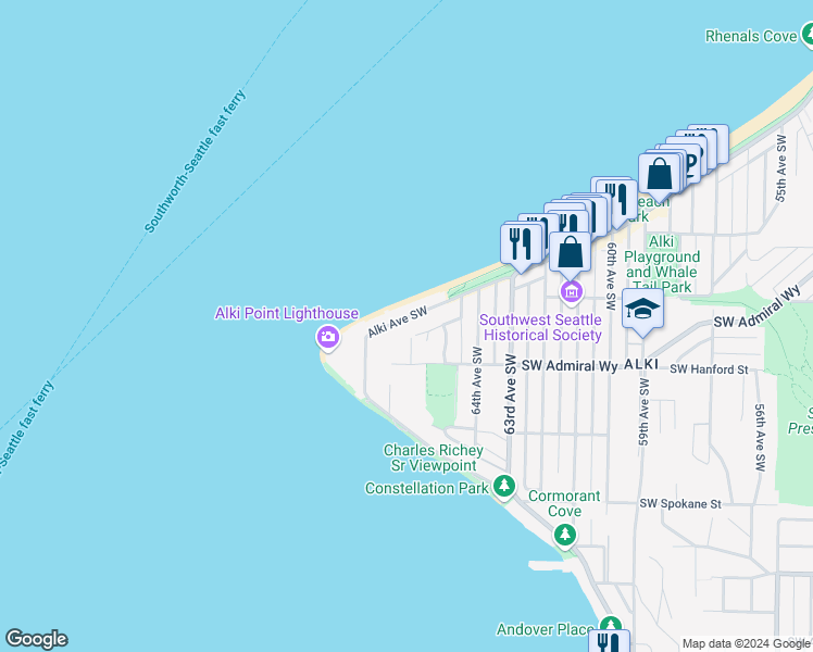 map of restaurants, bars, coffee shops, grocery stores, and more near 3055 Alki Avenue Southwest in Seattle