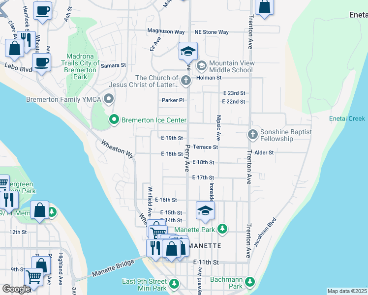 map of restaurants, bars, coffee shops, grocery stores, and more near 1805 Perry Avenue in Bremerton