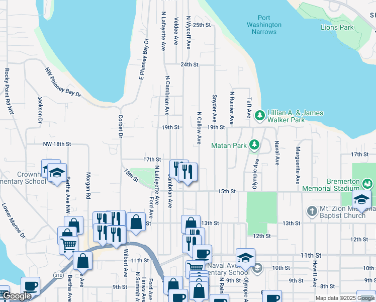map of restaurants, bars, coffee shops, grocery stores, and more near 1715 North Callow Avenue in Bremerton