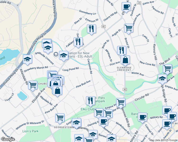 map of restaurants, bars, coffee shops, grocery stores, and more near 61 Carpasian Road in St. John's