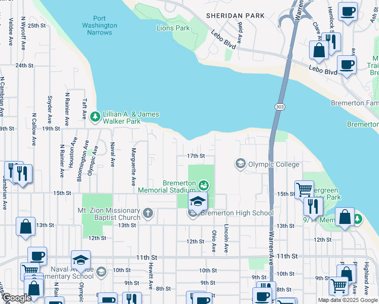 map of restaurants, bars, coffee shops, grocery stores, and more near 1450 17th Street in Bremerton