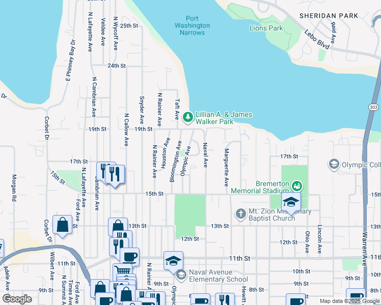 map of restaurants, bars, coffee shops, grocery stores, and more near 1702 Olympic Avenue in Bremerton