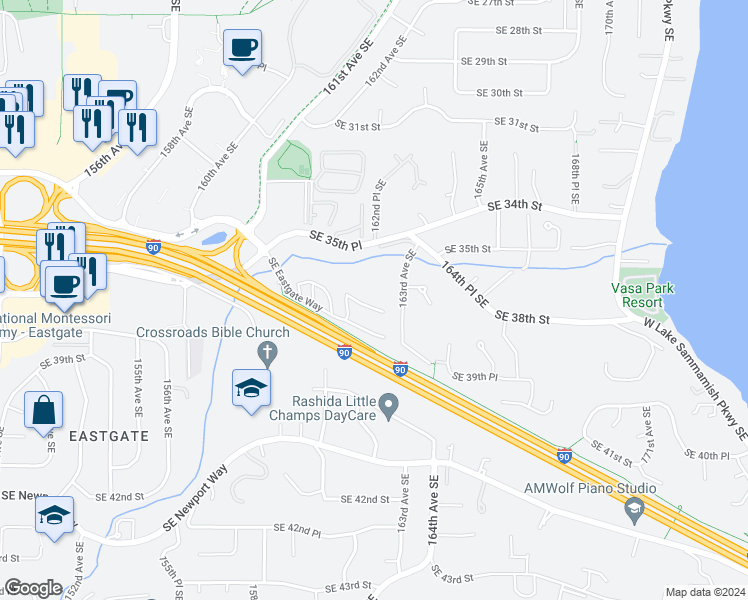 map of restaurants, bars, coffee shops, grocery stores, and more near 16210 Southeast Eastgate Way in Bellevue