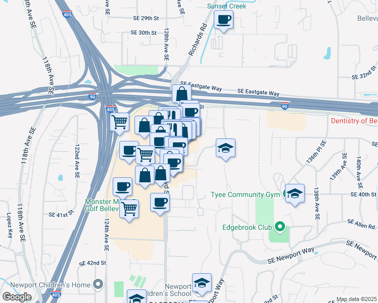 map of restaurants, bars, coffee shops, grocery stores, and more near 12920 Southeast 38th Street in Bellevue